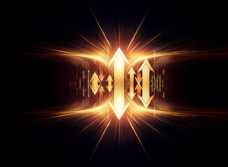 Aufkleber - Golden abstract shapes, resembling arrows, radiate bright light on a dark background, creating a dynamic and futuristic visual.