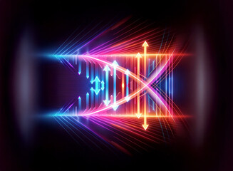Poster - Vibrant abstract neon design with geometric shapes, arrows, and triangles in blue, pink, orange, and yellow, illuminated against a dark backdrop.