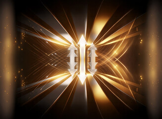 Leinwandbilder - Abstract digital artwork featuring central white arrow shapes with radiating golden and brown lines, creating a dynamic and illuminated effect on a dark backdrop.
