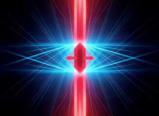 Poster - Abstract red geometric form at the center radiates bright blue light beams on a dark background, creating a futuristic and vibrant visual.