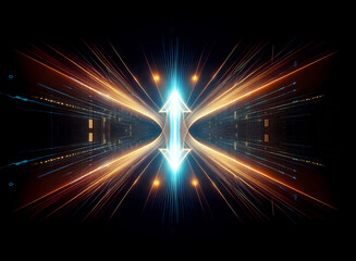 Fototapete - Abstract image featuring dynamic light streaks of orange and blue emanating from central arrows on a dark background, creating a futuristic feel.