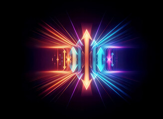 Poster - Abstract digital art with vibrant glowing lines and arrows in orange and blue on a black backdrop, creating a dynamic and energetic visual.