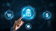 © Design home sara - Electronic Taxation and Digital Economy Finger Touching a Virtual Button with Glowing Symbols