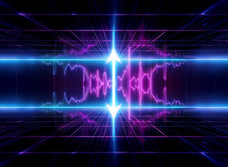 Fototapete - Futuristic abstract digital image with vibrant blue and purple neon lights. A grid structure and vertical arrows create a technological and dynamic scene.