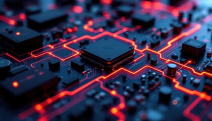 Poster - Close-up of microchip on circuit board with glowing red traces