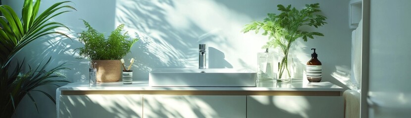 Wall Mural - Sunlit Bathroom Vanity with Plants