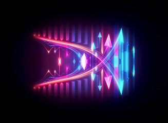 Poster - Abstract symmetrical neon design features glowing pink and blue geometric shapes on a black backdrop. Dynamic lines, arrows, and triangles create a futuristic style.