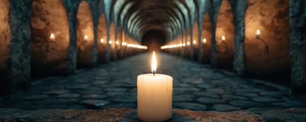 Poster - Holy Saturday faith procession concept. A solitary candle illuminates a dark, stone corridor lined with arches, creating a mystical, serene atmosphere.