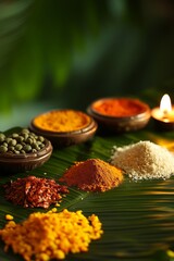 Wall Mural - Fresh herbs and spices arranged beautifully on banana leaves, symbolizing the essence of the Onam festival. This colorful display showcases a variety of ingredients used in festive dishes.