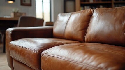 Poster - Nestled in a cozy corner, this brown leather recliner beckons for moments of rest. Sunlight filters through a window, illuminating the refined texture and inviting warmth of the furniture