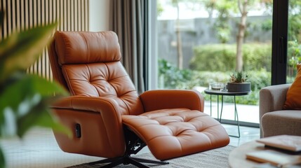 Poster - A stunning brown leather recliner sits elegantly in a bright living space surrounded by lush greenery