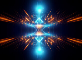 Fototapete - Abstract image featuring vibrant blue and orange glowing lines and arrows converging towards the center.  It evokes a sense of futuristic technology, dynamic movement, and digital energy.