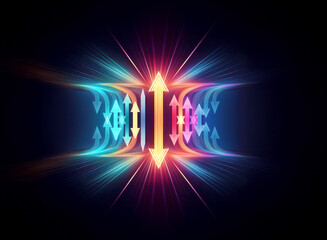 Poster - Abstract luminous design features arrows pointing inwards and outwards, radiating light on a dark backdrop.  Dynamic and energetic flow.