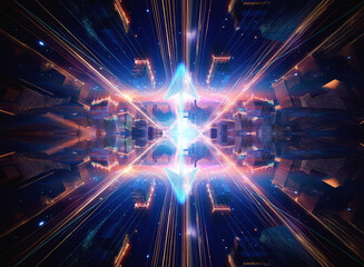 Aufkleber - Symmetrical abstract geometric composition featuring a bright, glowing center light. Futuristic tunnel perspective in blue, orange, and white colors. Sharp, angular design.