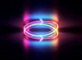 Poster - luminous circle of neon lights, displaying pink and blue hues. arrows indicate motion within the rin