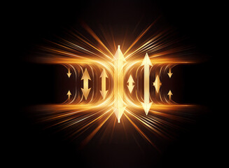 Poster - Golden rays burst with energy, illuminating central arrows pointing inwards and outwards.  A dynamic abstract design on a dark canvas.