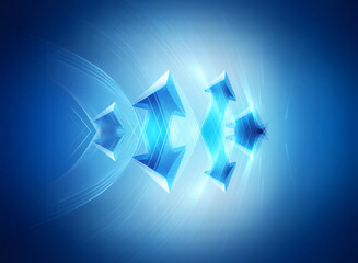 Poster - Abstract blue geometric shapes float in a bright digital space, radiating light.  The design has a modern and futuristic feel with a vibrant and luminous quality.