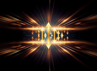 Poster - Golden geometric figure with arrows pointing up and down radiates bright light streaks against a dark backdrop, creating an energetic and dynamic visual effect.