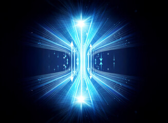 Fototapete - Bright blue light streaks converge intensely, creating a tunnel illusion against a dark backdrop, conveying energy and dynamic motion.