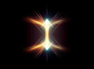 Fototapete - Symmetrical abstract shape on black background. Glowing diamond center with orange and white light rays emanating outwards, creating a futuristic energy effect.