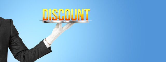 Poster - Discount concept with gloved hand holding tray displaying bold text.