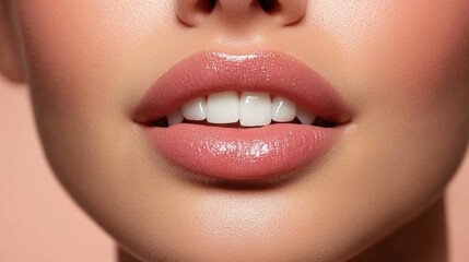 Poster - Captivating lips accentuate a dazzling smile, revealing bright white teeth against a softly illuminated background. The moment radiates warmth and confidence, evoking joy