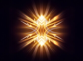 Poster - Symmetrical glowing abstract design with radiating light beams against a dark backdrop. The central shape has an intricate, ornate feel.