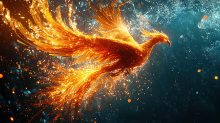 Wall Mural - A mythical firebird soaring upwards, vibrant orange and crimson plumes, dynamic motion with sparks trailing