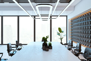 Wall Mural - Modern conference room with sleek design and city view. 3D Rendering