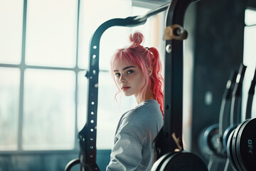 Wall Mural - Young Pretty pink-haired girl in a gym