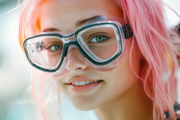 Wall Mural - Young Pretty pink-haired girl with diving goggles