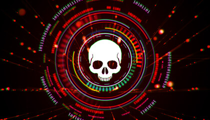 Wall Mural - Cyber threat skull symbol with digital glitch effect on futuristic red background. 3D Rendering