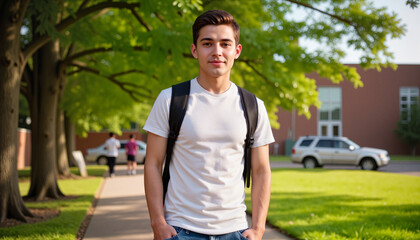 Confident young Hispanic boy walking to school with backpack on a sunny morning