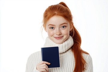 Wall Mural - Young pretty redhead girl over isolated white background holding a passport