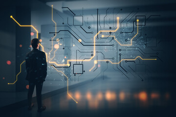 Wall Mural - A businessman observing glowing circuit patterns on a futuristic digital display.