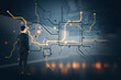 © Who is Danny - Businessman observing glowing circuit structure in futuristic digital environment.