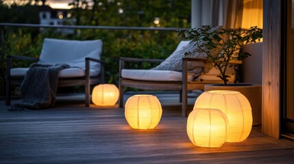 Wall Mural - Cozy outdoor scene with illuminated lanterns and comfortable seating.