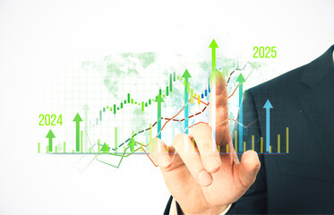 Wall Mural - Businessman touching financial growth chart with arrows, stock market analysis and futuristic technology on light background.