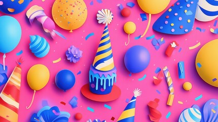 Poster - Festive decorations featuring balloons, confetti, party hats, and cakes for a joyful celebration. Generative AI
