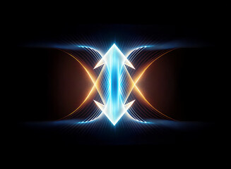 Poster - Abstract symmetrical design featuring glowing blue and orange arrow-like shapes converging at the center against a dark backdrop, creating a futuristic and dynamic visual.