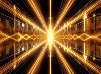 Poster - Golden light lines converge in a perspective view, creating a luminous tunnel effect with geometric arrow patterns against a dark background, focusing on a bright central point.
