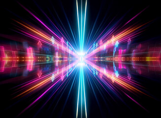 Poster - Vibrant lights in blue, pink, and orange burst from a central point on a dark backdrop.  Geometric lines and shapes create a dynamic, futuristic abstract design.