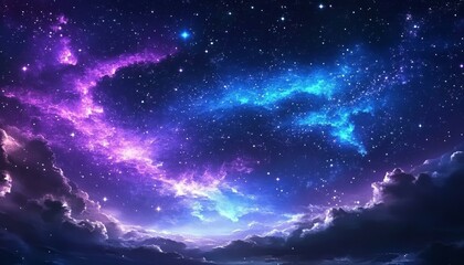 Wall Mural - Beautiful fantasy starry night sky blue and purple colorful galaxy and aurora 4k wallpaper. cosmic watercolor illustration.