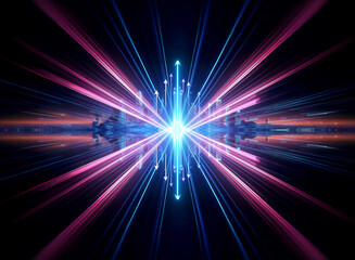 Poster - Vibrant light bursts from a central point, radiating blue and pink rays against a dark backdrop, creating an abstract and dynamic glowing effect.