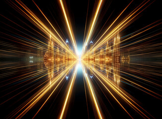 Poster - Abstract perspective with vibrant orange and blue light streaks converging towards a central bright point against a dark backdrop.
