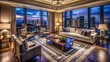 © Danicha - Luxurious Hotel Suite Living Room Night View - Overhead Shot