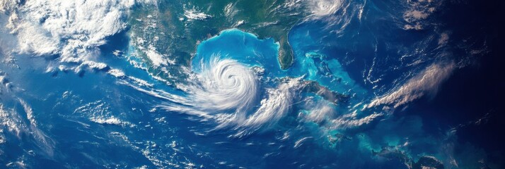 Poster - Powerful hurricane swirling over the Gulf of Mexico with vibrant clouds and ocean hues. Generative AI