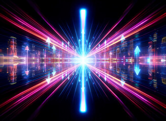 Poster - Vibrant perspective view with bright light beams converging to a central glow. Arrows and city silhouettes are reflected on a dark glossy surface.