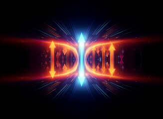Aufkleber - Vibrant symmetrical abstract shape with orange and blue light emerges on a dark backdrop. Arrows show dynamic energy flow, creating a futuristic and luminous effect.