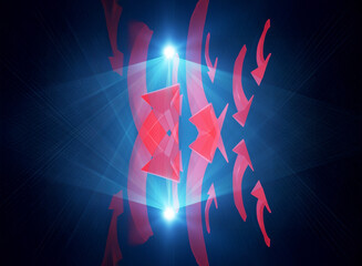 Fototapete - Red arrows converge inward with wavy lines and radiant blue light rays on a dark background, creating an abstract, dynamic, and modern design.